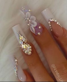 Nails Design With Rhinestones Simple, Floral Nails With Rhinestones, Elegant Wedding Nails For Bride Long, Elegant Rhinestone Nails, Glam Wedding Nails, Nails With Diamonds Rhinestones, Nail Design With Diamonds, Nails With Bling Rhinestones, Nail Rhinestone Design