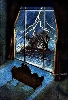 a drawing of a bed in front of a window with lightning coming through the sky