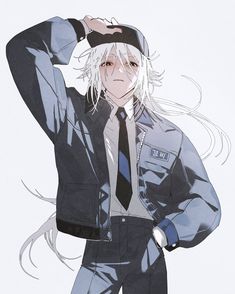 an anime character with long white hair wearing a blue uniform and tie, holding his hands behind his head