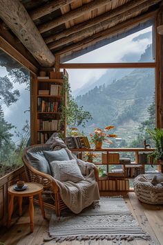 a living room filled with furniture next to a window covered in plants and bookshelves