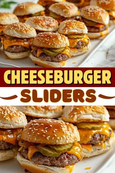 cheeseburger sliders on a platter with the title above it