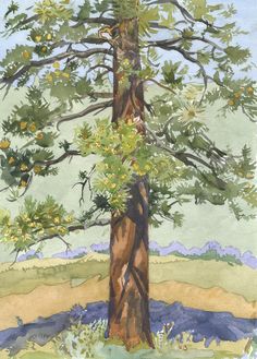 a watercolor painting of a tree with lots of leaves on it's branches