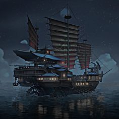 a ship floating on top of the ocean at night