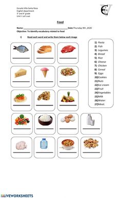 the food groups worksheet is shown in this image, and contains several different items