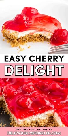 Serve up this Easy Cherry Delight! With a graham cracker crust, cheesecake layer, and cherry pie filling, this no-bake delight is a delicious Thanksgiving dessert idea. This sweet treat to make for Thanksgiving is also a perfect Christmas dessert recipe! Cherry Pie Filling Recipes Easy, Cherry Yum Yum Recipe, Key Lime Cookie Recipe, Cherry Delight Dessert, Graham Cracker Dessert, Cherry Pie Filling Recipes, Delicious Thanksgiving Desserts, Cracker Dessert, Cherry Cheesecake Recipe