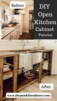 an open kitchen cabinet is shown with the words diy before and after on it