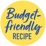 the logo for budget friendly recipe, with blue lettering on a yellow circle behind it