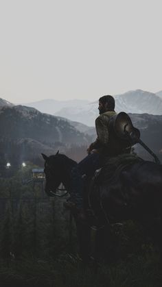 a man riding on the back of a brown horse next to a lush green hillside