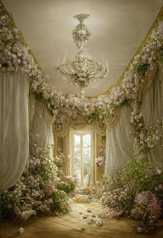 an image of a beautiful room with flowers on the wall and chandelier hanging from the ceiling