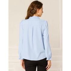 Take this chiffon top for a day-to-night outfit. This solid color blouse is crafted from a lightweight fabric, which is comfortable to wear and brings you a more enjoyable office time. It flatteringly falls over the figure and features long sleeves with ruffled cuffs, and partially layered details from the neckline that forms a ruffle to add a feminine touch. This button-up top features a hidden placket which will make it more sophisticated. Long Sleeve Chiffon Shirt For Work, Blue Long Sleeve Chiffon Top, Blue Chiffon Long Sleeve Top, Long Sleeve Chiffon Top For Office, Chiffon Long Sleeve Office Blouse, Chic Chiffon Shirt For Work, Chic Chiffon Shirt For Workwear, Elegant Solid Color Chiffon Blouse, Chiffon Blouse For Work