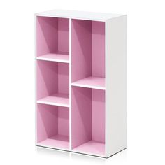 a white and pink bookcase with four shelves on each side, one is empty