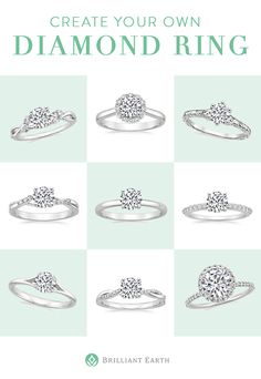 diamond rings with the words create your own diamond ring on top and bottom, in different styles