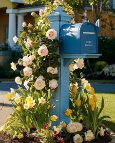 a blue mailbox surrounded by flowers in front of a house