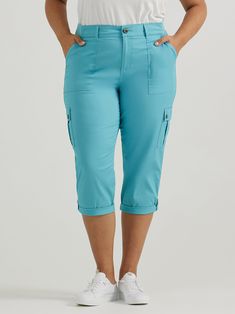 Women's Ultra Lux Comfort with Flex-To-Go Relaxed Fit Cargo Capri (Plus) Casual Mid-rise Activewear With Pockets, Casual Capris For Sports, Spring Cargo Pants For Sports, Casual Relaxed Fit Activewear Capris, Blue Mid-rise Relaxed Fit Capris, Relaxed Fit Capris With Side Pockets, Casual Blue Capris For Sports, Sporty Cotton Capris With Pockets, Spring Athleisure Capris With Pockets