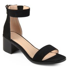 An effortlessly elegant toe strap sandal featuring vegan leather uppers secured by a tasseled zipper. A stacked block heel adds a walkable lift, and a subtle stretch panel at the ankle finishes this irresistible design for a flexible fit. • Toe Strap Sandal • Back Zipper Entry • Padded Footbed • 2-in Block Heel • Vegan Leather Uppers Straps Heels, Low Block Heel Sandal, Ankle Strap Sandals Heels, Strappy Sandals Heels, Black Sandals Heels, Leather Block Heels, Fashion Heels, Open Toe Sandals, Journee Collection