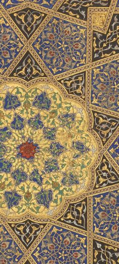 an intricately decorated ceiling with blue and gold colors