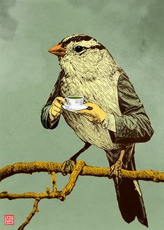 a bird sitting on top of a tree branch holding a cup