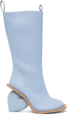 Calf-high buffed faux-leather boots in blue. · Pull-loops at collar · Zip closure at inner side · Logo embossed at heel tab · Sculptural heel with rubber injection · Neolite foam rubber sole · Heel: H3.75 Supplier color: Lavanda Embossed Boots, Blue Boots, Faux Leather Boots, Metallic Pink, Tall Boots, Boot Shoes Women, Black Boots, Leather Boots, Apparel Accessories