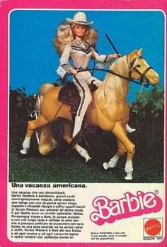 an advertisement for barbie toys featuring a woman riding a horse