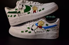 PRICE INCLUDES THE SHOES (BRAND NEW AF1 LOW) + THE ARTIST WORK + SHIPPING  FAMILY GUY * AF1 custom * hand-painted x airbrush * This custom is made to order, hand-painted shoes with professional paint Angelus Brand and with additives for this custom to last a long time. Also they are unique and no two pairs of shoes will have the exact same design. 🎁 At each order, you will receives as a gift some personalized stickers, depending on the theme of the custom, which you can apply on any clean surfa Air Force 1 Triple White, Af1 Custom, Artist Work, Air Force 1 Custom, Custom Air Force 1, Hand Painted Shoes, Custom Football, Womens Wedding Shoes, Custom Nikes