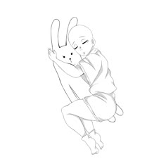 a drawing of a person holding a cat in the air with their arms stretched out