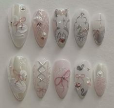 Coquette Nail Inspo Almond, Babydoll Nails, Angel Nails Designs, Cute Aesthetic Nails, Angel Nail Art, Angelic Nails, Angel Nails