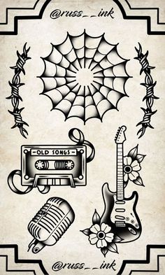 an old school tattoo design with guitars, microphones and spider web