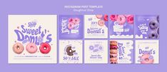 the instagram post templates are designed to look like doughnut shop posters, with donuts on them