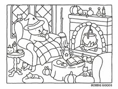 a black and white drawing of a living room with pumpkins on the fireplace mantle