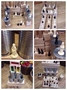 several pictures of different types of toys on the floor and in front of tin canisters