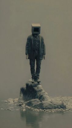 a man standing on top of an ice covered rock in the water with a box on his head