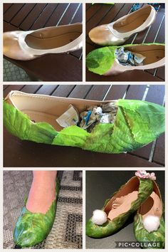 the steps in making shoes are decorated with green leaves and white balls, while the bottom is