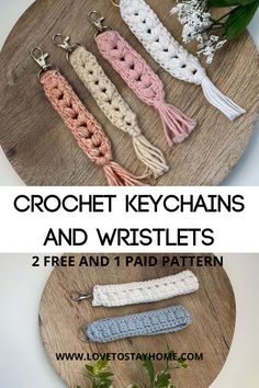 crochet key chains and wristlets with text overlay