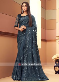 Navy Blue Saree, Saree Party, Grey Saree, Charcoal Blue, Party Sarees, Indian Silk Sarees, Indian Sarees Online, Silk Saree Blouse, Online Saree