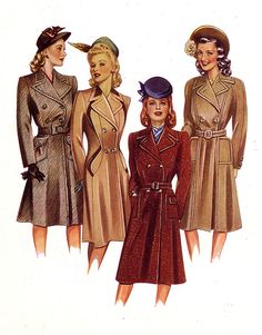 1940s fashion illustration: coats by TinTrunk, via Flickr 18s Fashion, 40s Mode, 1940s Woman, Cary Grant, Wonderful Life, Vestidos Vintage