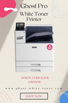 a white printer with the words ghost pro while it's in front of an advertisement