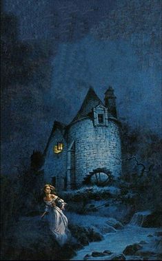 a painting of a woman standing in front of a castle at night with the moon above her