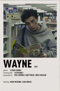 a young man reading a book in a library with the caption'wayne '