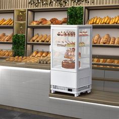 a display case in a bakery filled with lots of bread