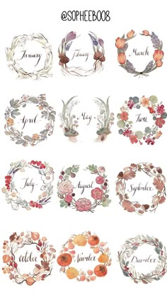 watercolor floral wreaths with the words, flowers and leaves in different languages on them