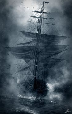 an old ship sailing in the ocean on a stormy day with seagulls flying around