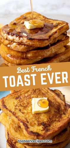 french toast with butter and syrup on top is the perfect breakfast for two or four