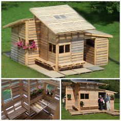 a wooden house made out of pallets and some people standing in the yard next to it