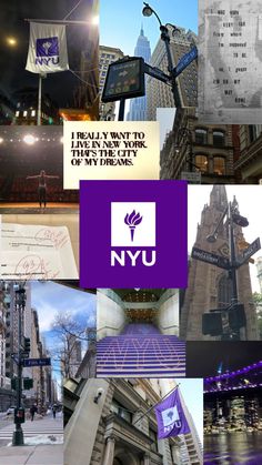 the collage shows many different buildings and signs in new york city, including skyscrapers