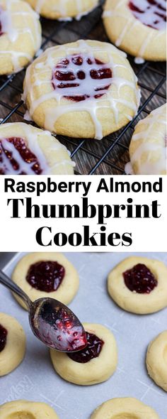 raspberry almond thumbprint cookies on a cooling rack and in the process of being baked