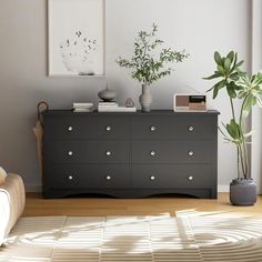 a living room with a couch, dresser and potted plant