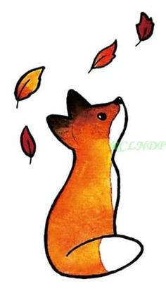 a drawing of a fox with leaves falling from it's back to the ground