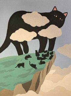 a painting of a black cat standing on top of a hill with clouds in the sky