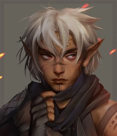 an elf with white hair and grey eyes