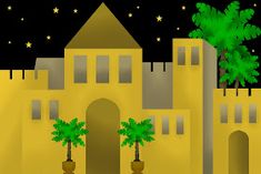 an image of a castle with palm trees in the front and stars in the background